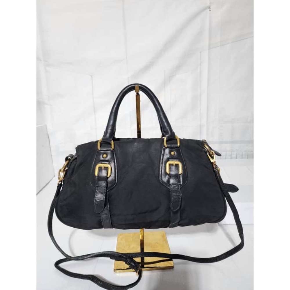Authentic PRADA Tessuto Nylon And Leather Bauletto Bag Black - Picture 4 of 15